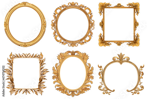 Vintage modern golden frame set. Luxury museum gold frames vector illustration, old wooden ornate decorative borders
