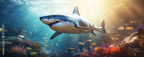 sharks swimming underwater between the ocean floor and  water surface  underwater paradise and coral reef wildlife nature  showcases these magnificent marine predators in their element