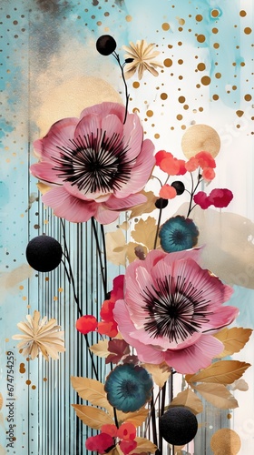 Pois abstraits, tampons et superpositions numériques floraux, or rose, palette de couleurs audacieuses, emblématique, géométrique. Idéal comme arrière-plan ou fond d'écran. IA générative, IA