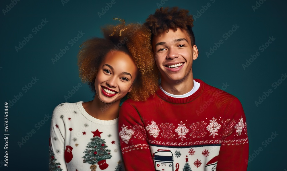 Young happy couple friends, man woman wear Christmas ugly sweater Santa hat posing spread hands isolated on plain colour studio background. Happy New Year, holiday, love of the season