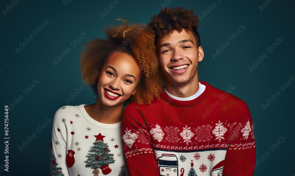 Young happy couple friends, man woman wear Christmas ugly sweater Santa hat posing spread hands isolated on plain colour studio background. Happy New Year, holiday, love of the season Young happy couple friends, man woman wear Christmas ugly sweater Santa hat posing spread hands isolated on plain colour studio background. Happy New Year, holiday, love of the season