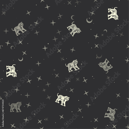 Seamless pattern with stars  tiger symbols on black background. Night sky. Vector illustration on black background