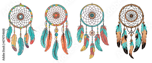 Cartoon dream catcher set. Boho style catchers with feathers and beads. Isolated sketch decorative elements, vector clipart