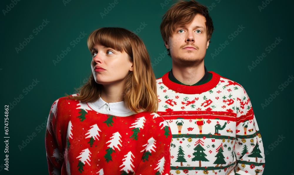 Young happy couple friends, man woman wear Christmas ugly sweater Santa hat posing spread hands isolated on plain colour studio background. Happy New Year, holiday, love of the season Young happy couple friends, man woman wear Christmas ugly sweater Santa hat posing spread hands isolated on plain colour studio background. Happy New Year, holiday, love of the season