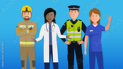 Simple flat emergency services team vector characters. Diverse health, police and firefighter. Characters doing different jobs in uniform. Easy to edit flat modern trendy style.	