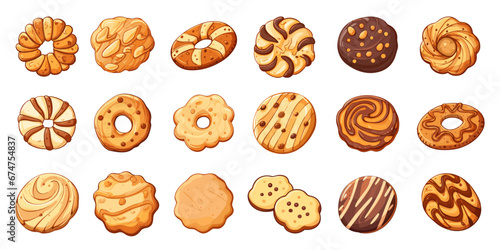 Cookies cartoon set. Isolated biscuits with chocolate and nuts. Bakery shop food, sweet children dessert. Cookie festive, vector clipart