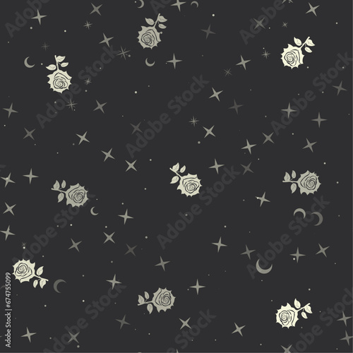 Seamless pattern with stars, rose flowers on black background. Night sky. Vector illustration on black background