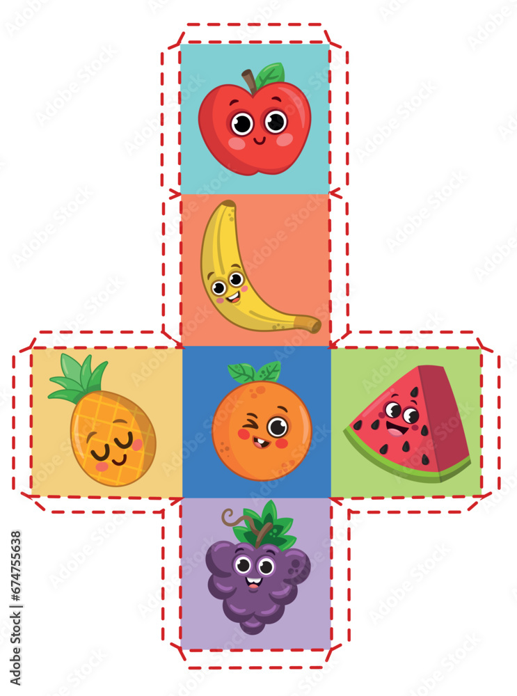Printable Dice Fruit Game for Children. Vector Illustration Worksheet