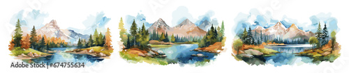 Mountain peaks, forest and lake watercolor landscapes. Rocks mountains, tree and water. Decorative hand drawn nature vector background