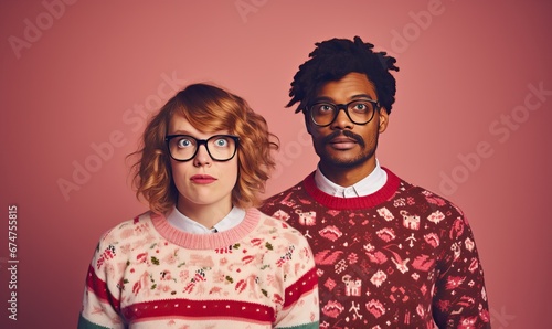 Young happy couple friends, man woman wear Christmas ugly sweater Santa hat posing spread hands isolated on plain colour studio background. Happy New Year, holiday, love of the season