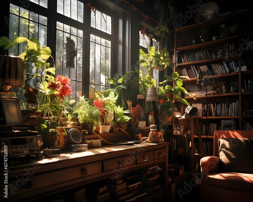 Interior of an old library with bookshelves and plants.