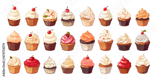 Sweet cupcakes with creamy caps and berries. Cartoon muffins isolated collection. Bakery dessert, baking delicious food vector clipart