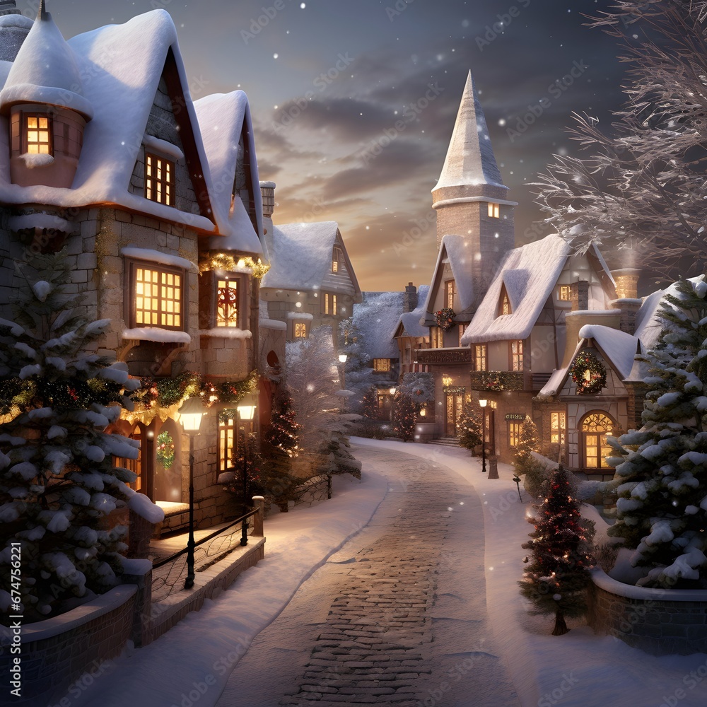 Winter city street at night with beautiful houses and Christmas trees in the snow