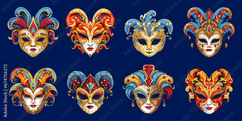 Venetian masks set. Decorative carnival mask, female faces and feathers. Bright festival party elements, home decoration, vector clipart - obrazy, fototapety, plakaty 