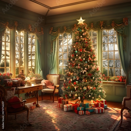 Beautiful living room with a Christmas tree and gifts. 3d rendering