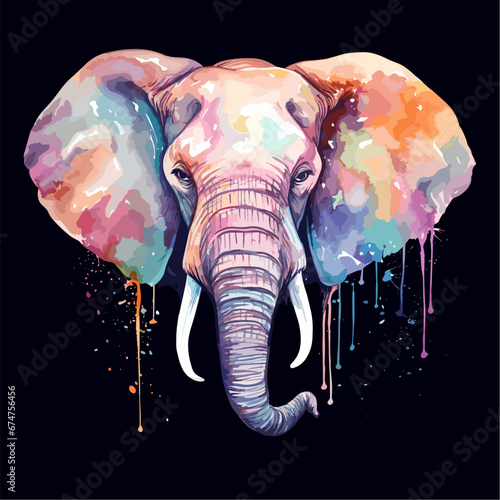 Watercolor elephant head, paint blobs and flow. Decorative wild exotic animal portrait, vector cartoon graphic art