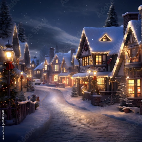 Christmas night in the village, Christmas lights and snow-covered houses