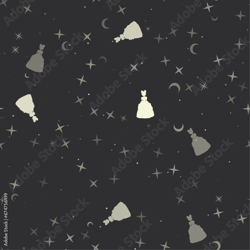 Seamless pattern with stars, princess symbols on black background. Night sky. Vector illustration on black background