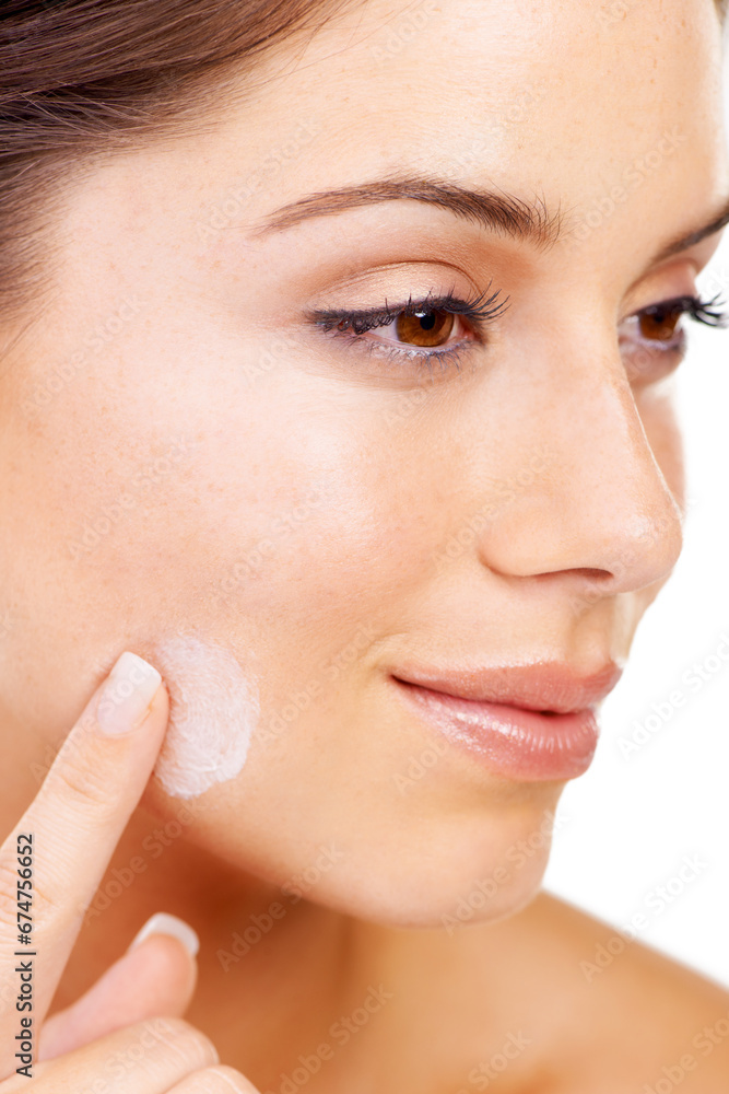 Cream, cosmetics and woman with beauty, skincare and dermatology isolated on a white studio background. Happy, face and person with healthy skin, treatment and grooming with creme, clear and wellness Cream, cosmetics and woman with beauty, skincare and dermatology isolated on a white studio background. Happy, face and person with healthy skin, treatment and grooming with creme, clear and wellness
