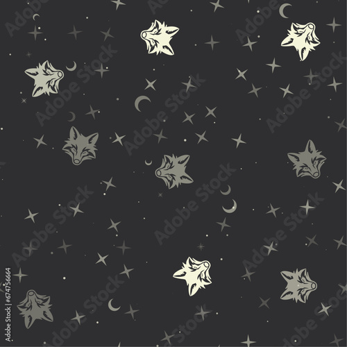 Seamless pattern with stars, fox's head symbols on black background. Night sky. Vector illustration on black background
