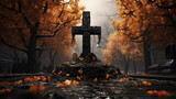 Autumn cemetery with headstone granite cross. Farewell to the dead, burial ceremony, eternal memory.