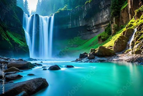 morning serenity, majestic waterfall and mountain scenery, waterfall amongst green mountains, rocky cascade, morning bliss in the forest, peaceful retreat, waterfall and mountains wallpaper © Izhar