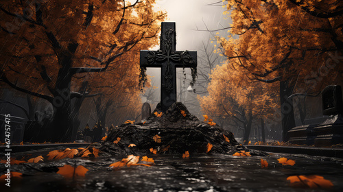Autumn cemetery with headstone granite cross. Farewell to the dead, burial ceremony, eternal memory. photo