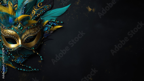 Banner template, face carnival mask with feathers. Top view, copy space. Carnival, costume party, masquerade.  photo