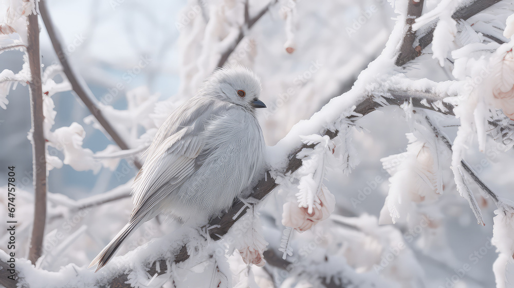 Beautiful winter wallpaper wildlife. Сute little fluffy bird sitting on a snowy tree branch. Snow, December, Christmas card or banner template. Beautiful winter wallpaper wildlife. Сute little fluffy bird sitting on a snowy tree branch. Snow, December, Christmas card or banner template.