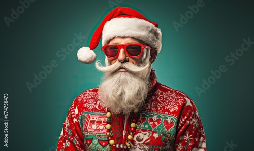 Studio portrait of modern hipster Santa Claus in Christmas ugly sweater, fashionable clothes. Bearded man over the wall, copy space for text. Festive background. x-mas, Happy New Year, holiday love