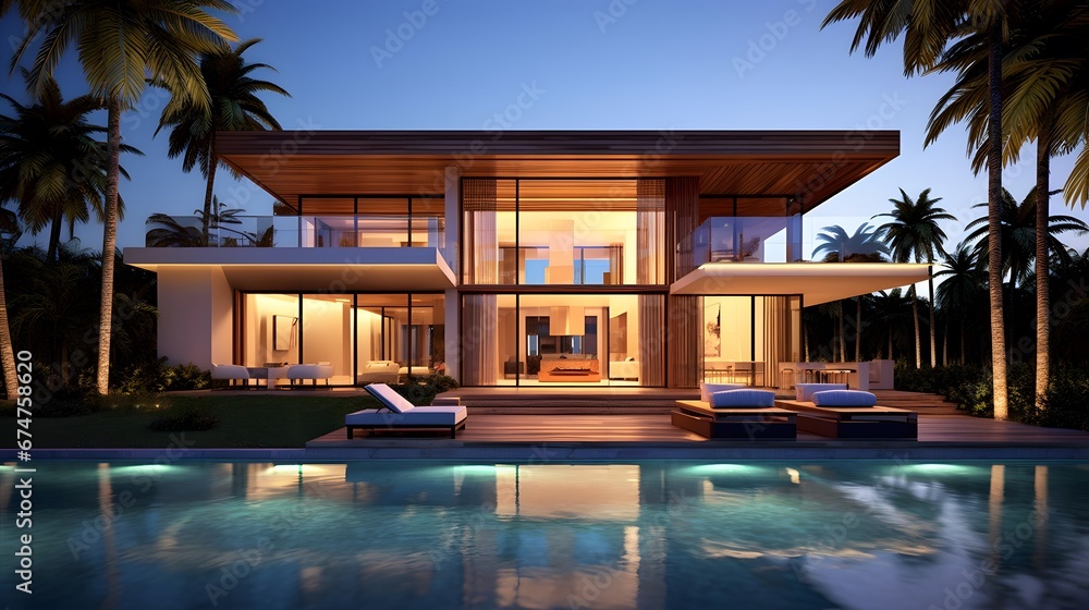 3d rendering of modern cozy house with pool and parking for sale or rent in luxurious style and beautiful landscaping on background. Clear summer night with many stars on the sky. - obrazy, fototapety, plakaty 