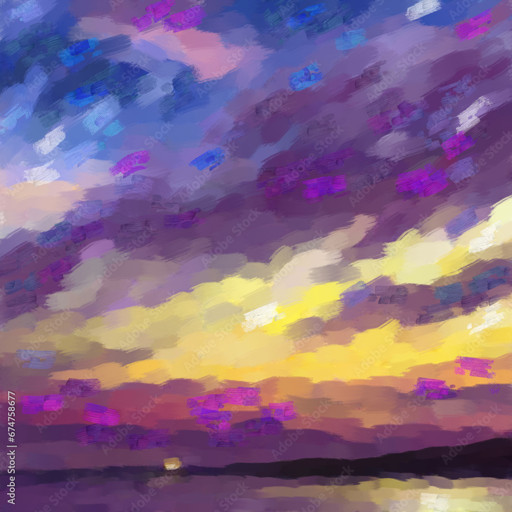 Hand drawn digital illustration in impressionism style. Sunset over the ocean in purple hues