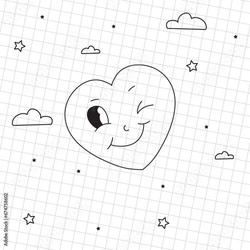 Heart with cute nice face with little black stars and clouds in outline style on squared white background for patterns, wallpapers, stickers, webs photo