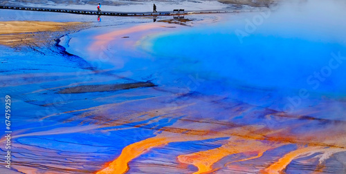 Grand Prismatic Spring Yellowstone National Park Tourists Viewing Spectacular Scene