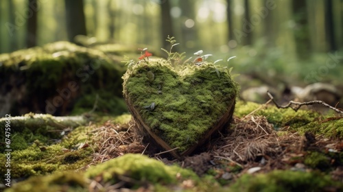 A forest with a heart laid on moss