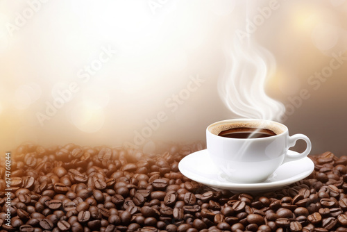 Steamy Coffee Cup Surrounded by Coffee Beans with empty space for copy