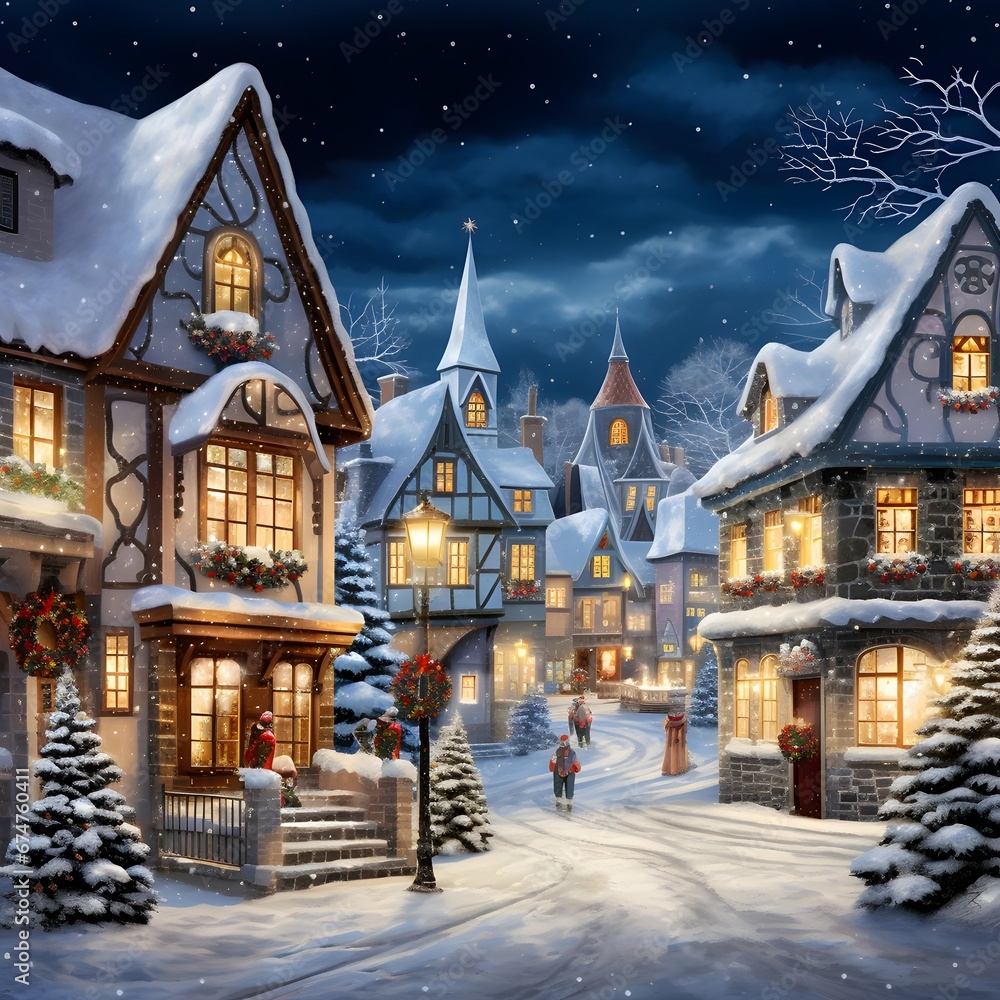Christmas and New Year holidays background. Winter village with houses and trees at night.