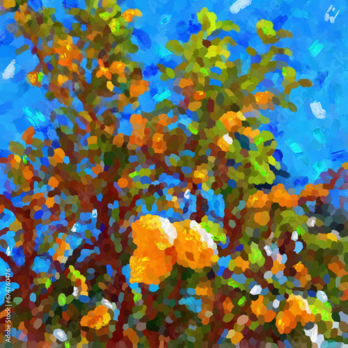 Green tree with yellow lemons against the blue sky. Italy, Sicily. Illustration in the style of oil painting, impressionism
