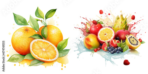 Vibrant Citrus and Berries Splash Watercolor Artwork