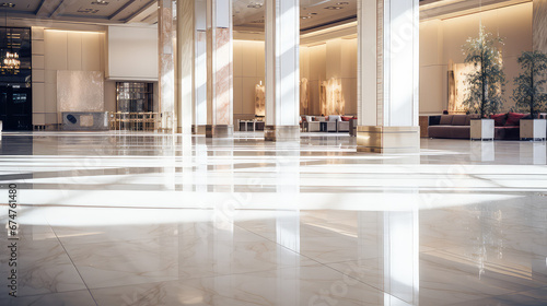Sparkling shiny marble floor in modern commercial lobby of business center. Premium flooring in a hotel or office. photo