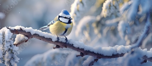 In the midst of winter the snow covered garden became a serene haven for birdwatching where a delightful blue tit fluttered among the trees showcasing the wonders of nature during the day photo