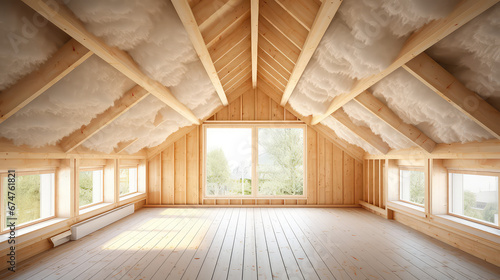 Thermal Safe Attic. Creative concept for insulating the roof of a wooden country house. Protecting Home with Insulation and Eco Friendly Materials.  photo