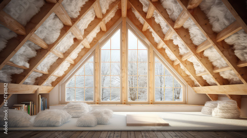 Thermal Safe Attic. Creative concept for insulating the roof of a wooden country house. Protecting Home with Insulation and Eco Friendly Materials.  photo