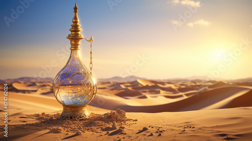 Vintage glass gin lamp stands in the desert sands, copy space. Creative wish fulfillment concept, gin in a bottle, travel dreams.  photo