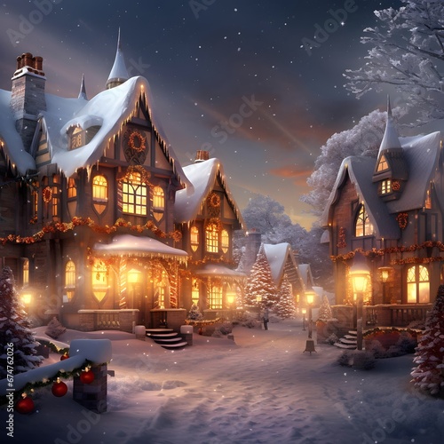 Winter village at night. Christmas and New Year concept. 3d rendering
