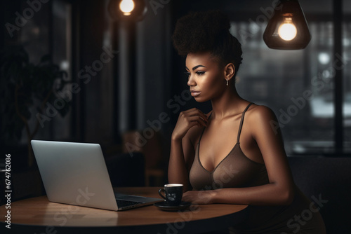 Young african american woman using laptop computer. Generative AI.