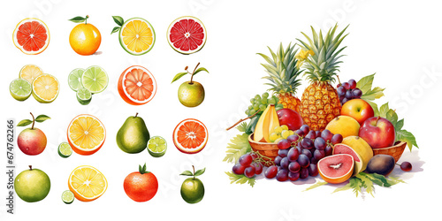 Tropical and Citrus Fruit Collection Watercolor Illustration