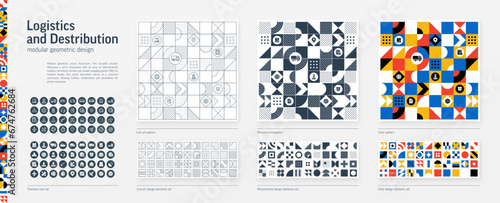 Logistic, Transport Modular Geometric Design. Thin Line, Black, White and Color style Pattern. Distribution Graphic Elements Set. Delivery, Export Icon. Triangle, Square, Circle Forms. Grid Construct © Hilch