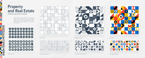 Real Estate Modular Geometric Design. Thin Line, Black, White and Color style Pattern. Home Search Graphic Elements Set. Rent, Buy, Sell Property Icon. Triangle, Square, Circle Forms. Grid Construct