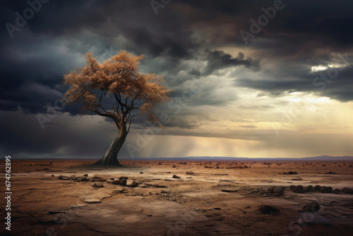 Lonely dried tree in desert landscape with stormy sky. Dead tree silhouette before thunderstorm photo